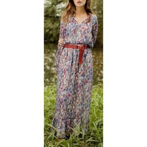 Suncoo Paris Maxi Dress Blue Floral Long Sleeve Ruffle Tie Neckline size Medium